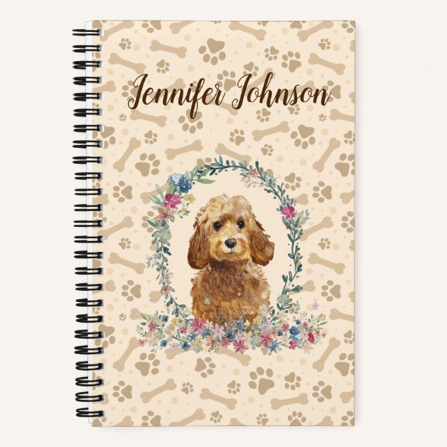 Golden Honey Cockapoo Dog Paw Print & Floral Cute Notebook (Front)