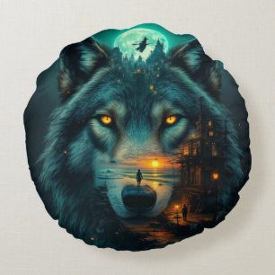 Golden Honey Wings & Wolf Round Cushion