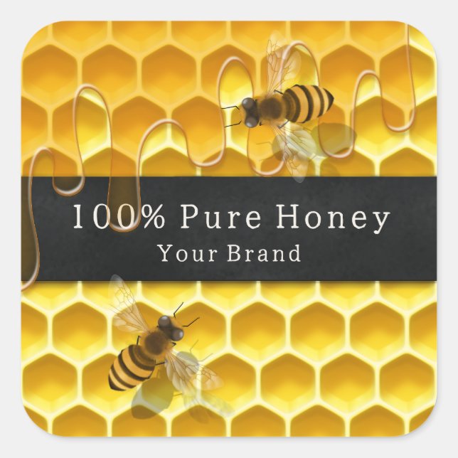 Golden Honeycomb & Honey Flying Bees Custom Text Square Sticker (Front)