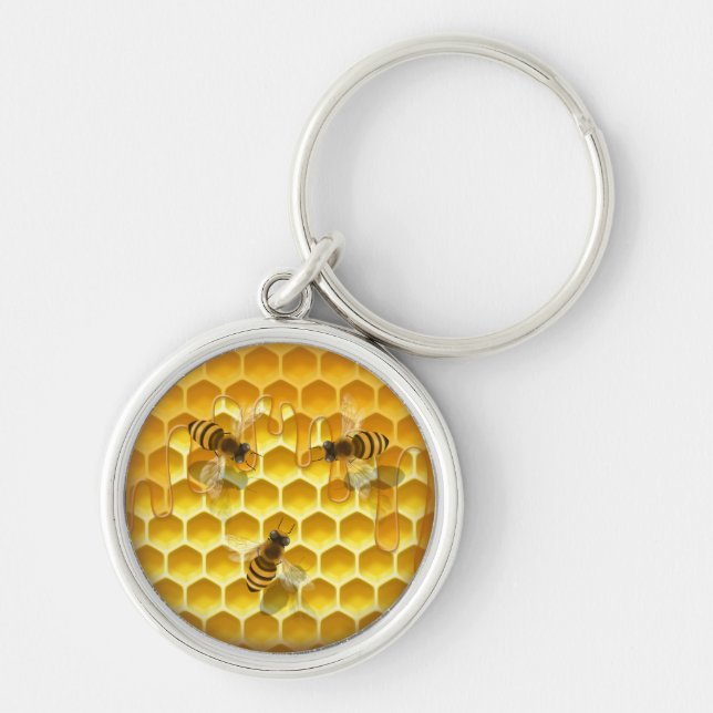 Golden Honeycomb with Honeybees Round Key Ring (Front)