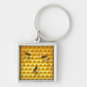 Golden Honeycomb with Honeybees Square Key Ring