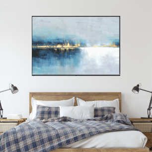 Golden Horizon Abstract in Blue & White Art Canvas Print