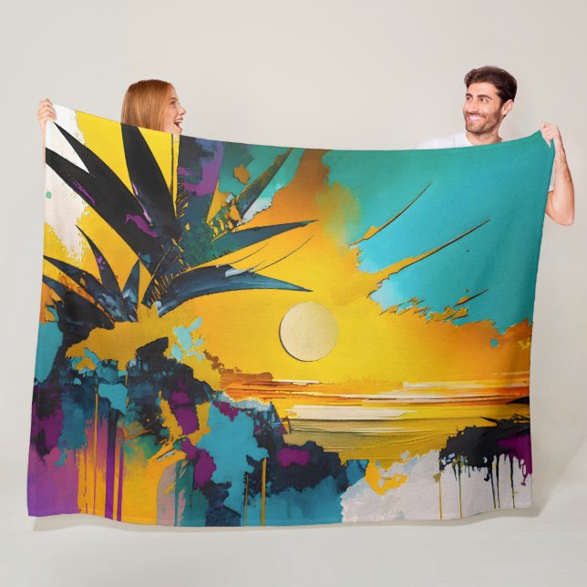 Golden Horizon – Abstract Tropical Sunset Fleece Blanket (In Situ)