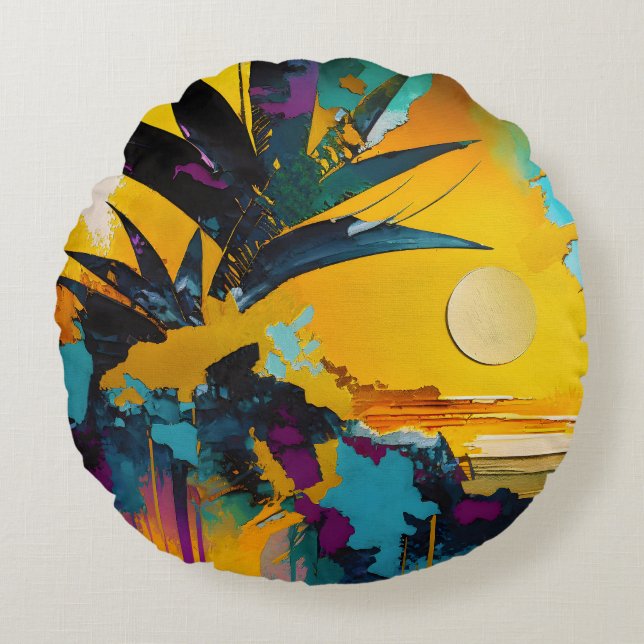 Golden Horizon – Abstract Tropical Sunset Round Cushion (Front)
