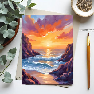 Golden Horizon   Ocean Yellow Sunset Watercolor Postcard
