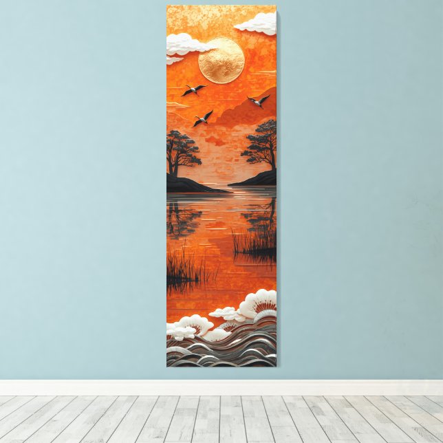 Golden Horizon Serenity Lake & Cranes Canvas Print (Insitu(Wood Floor))
