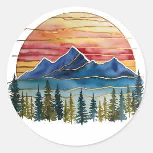 Golden Horizon Watercolor Mountain Sunset Outdoor Classic Round Sticker