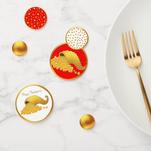 Golden Horn of Plenty on Red and White Confetti (Group)