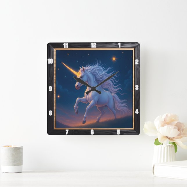 Golden Horn Unicorn Starry Journey Square Wall Clock (Home)