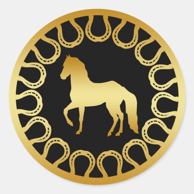 GOLDEN HORSE AND HORSESHOES CLASSIC ROUND STICKER (Front)