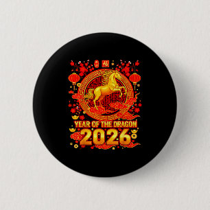 Golden Horse Chinese New Year 2026 Dragon Zodiac W 6 Cm Round Badge
