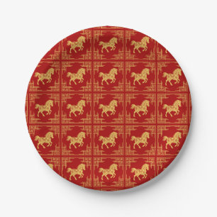 Golden Horse Greek Ornament Frame Red Paper Plate