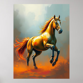 Golden Horse Rears, Flowing Mane, Vibrant Poster