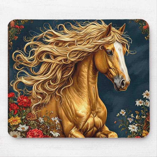 Golden Horse with Flowing Mane Mouse Mat (Front)