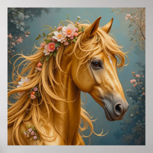 Golden Horse with Flowing Mane Poster