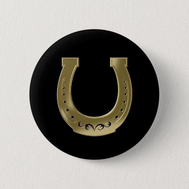 Golden horseshoe 6 cm round badge (Front)