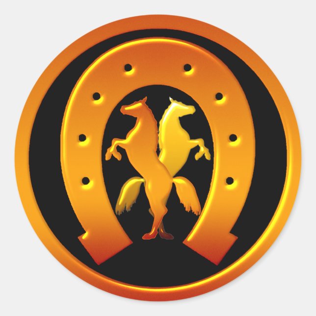 Golden Horseshoe and Horses Classic Round Sticker (Front)