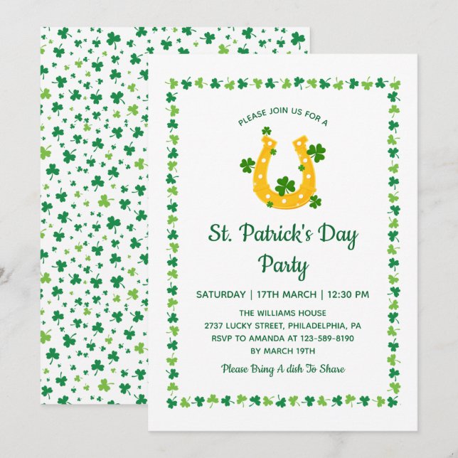Golden Horseshoe Clover Pattern St Patrick's Day Invitation (Front/Back)