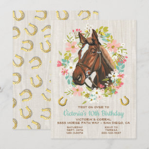 Golden horseshoe Wreath Horse Birthday Party Invitation