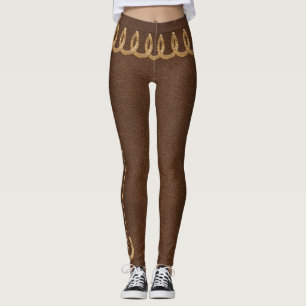 Golden Horseshoes on Brown Leather-like Leggings