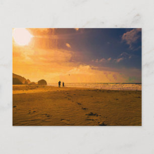 Golden Hour Beach Sunset with People Walking Postcard