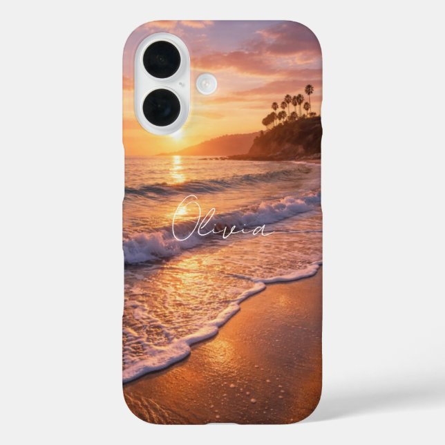 Golden Hour Beach Waves Photo Monogram iPhone Case (Back)