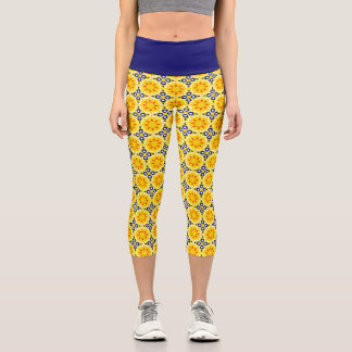 Golden hour by the sea: Golden Yellow & Navy Blue  Capri Leggings