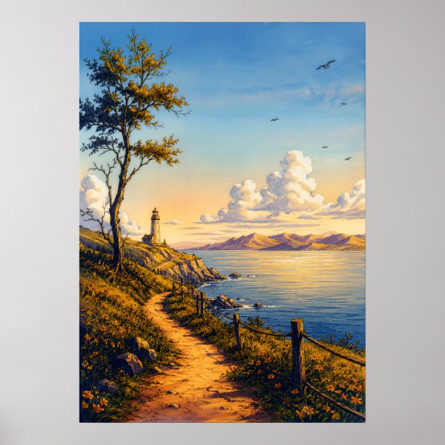 Golden Hour Coastal Lighthouse Landscape Poster (Front)