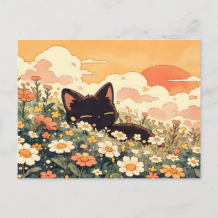 Golden Hour Daisy Kawaii Black Cat Postcard