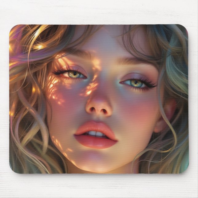 Golden Hour Dream – Radiant Angelic Portrait Mouse Mat (Front)