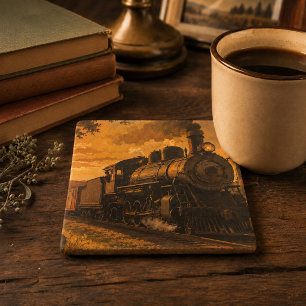 Golden Hour Express Vintage Steam Train Stone Coaster