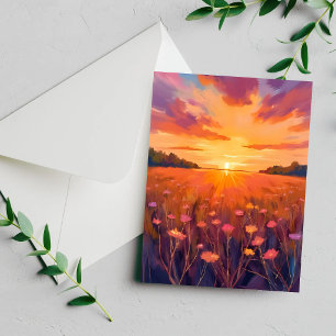 Golden Hour Flower Field Watercolor Sunset Card