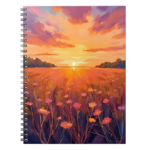 Golden Hour Flower Field Watercolor Sunset Notebook