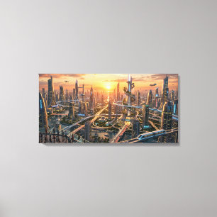 Golden Hour Futuristic Cityscape – Sci-Fi Canvas Print