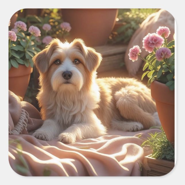 Golden Hour Garden Dog – Cosy Pet Memory Scene wit Square Sticker (Front)