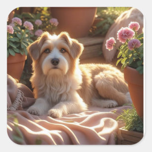 Golden Hour Garden Dog – Cozy Pet Memory Scene wit Square Sticker