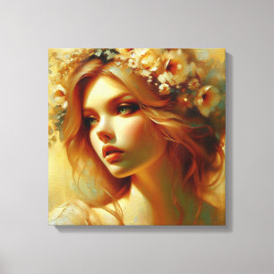 Golden Hour Goddess Floral Portrait Square Canvas Print