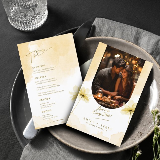 Golden Hour Grace Floral Wedding Photo Menu Card (Creator Uploaded)