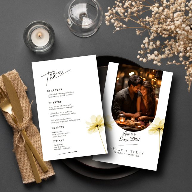 Golden Hour Grace Floral Wedding Photo Menu Card (Creator Uploaded)