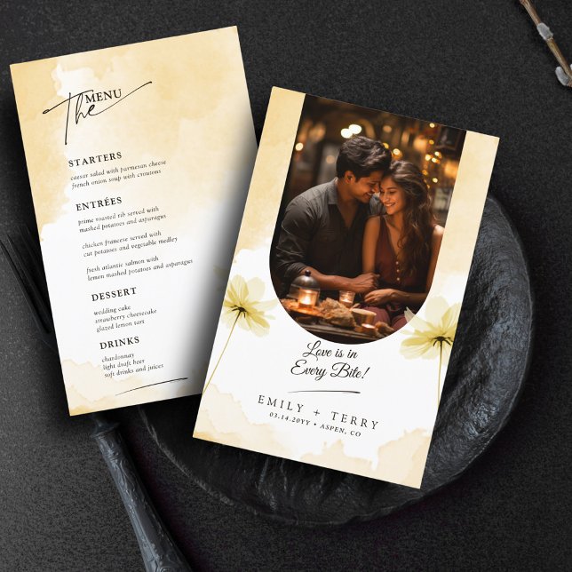 Golden Hour Grace Floral Wedding Photo Menu Card (Creator Uploaded)