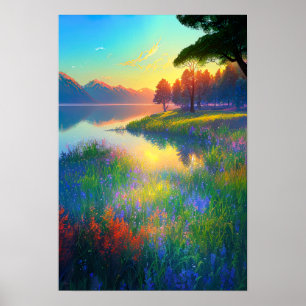 Golden Hour Magic, Grassy Riverbank Poster