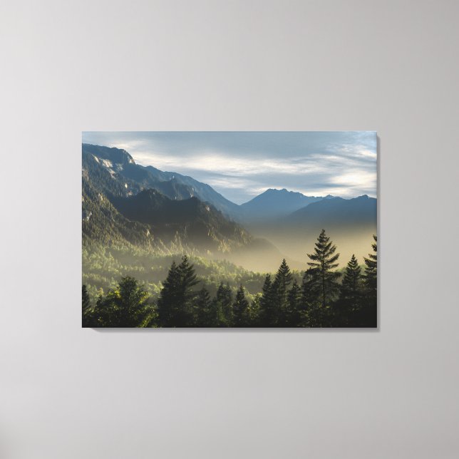 Golden Hour Misty Peaks Evergreen Forest Art Canvas Print (Front)