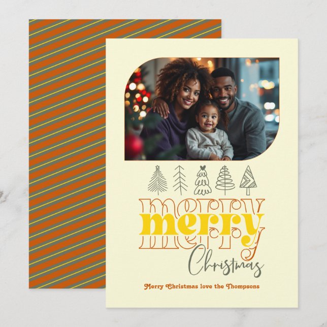 Golden Hour Modern Retro Doodle Christmas Photo Holiday Card (Front/Back)