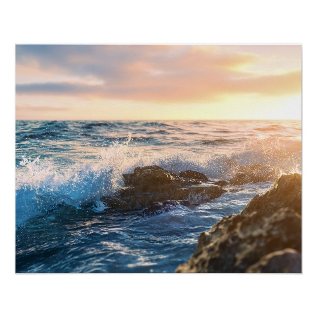 Golden Hour Ocean Waves Crashing on Rocks Sunset Poster (Front)