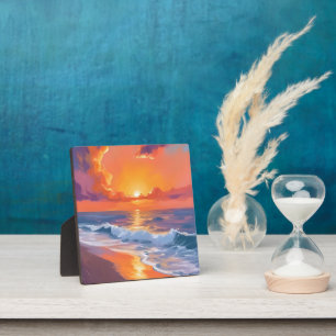 Golden Hour Orange Sunset Beach Ocean Painting Art Plaque