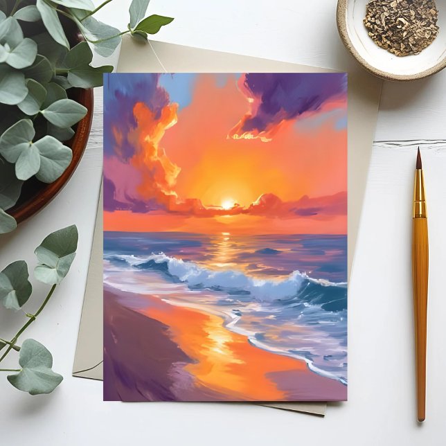Golden Hour Orange Sunset Beach Ocean Painting Postcard (Creator Uploaded)
