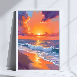 Golden Hour Orange Sunset Beach Ocean Painting Poster