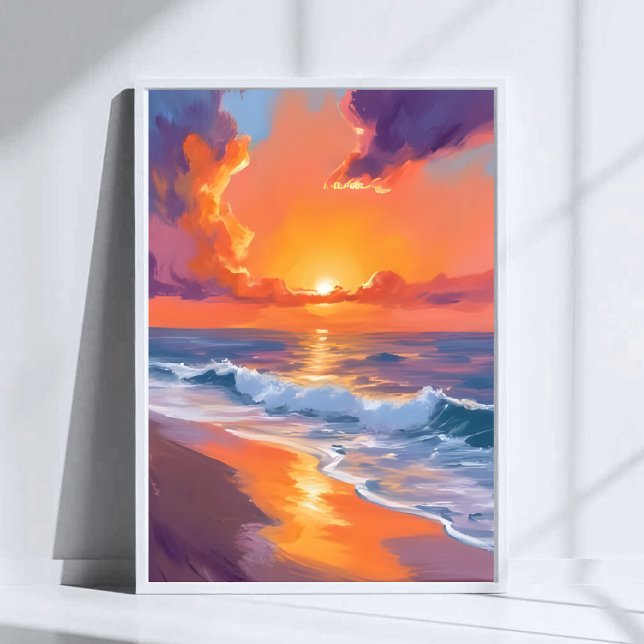 Golden Hour Orange Sunset Beach Ocean Painting Poster (Creator Uploaded)