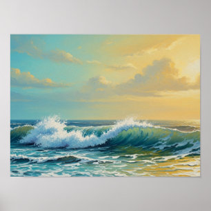 Golden Hour Serenity: Vibrant Ocean Waves Crashing Poster