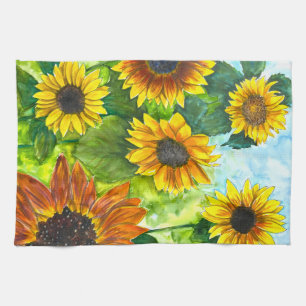 Golden Hour Sunflower Watercolor Art Kitchen Towel